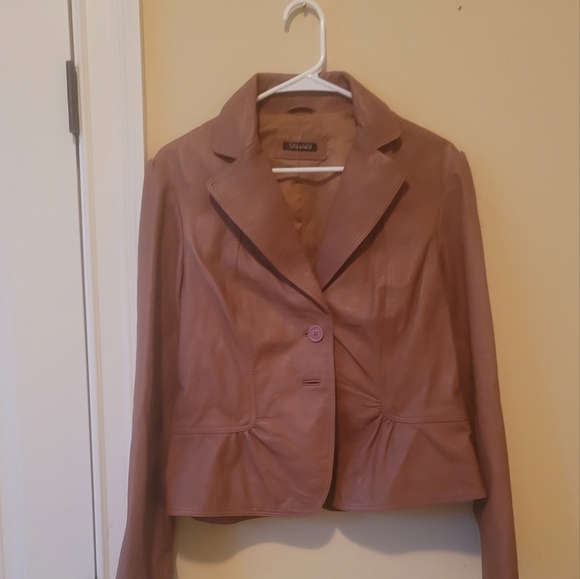 Tahari Brown Mauve Genuine Leather Puffy Sleeve Blazer Jacket Coat - Picture 1 of 12